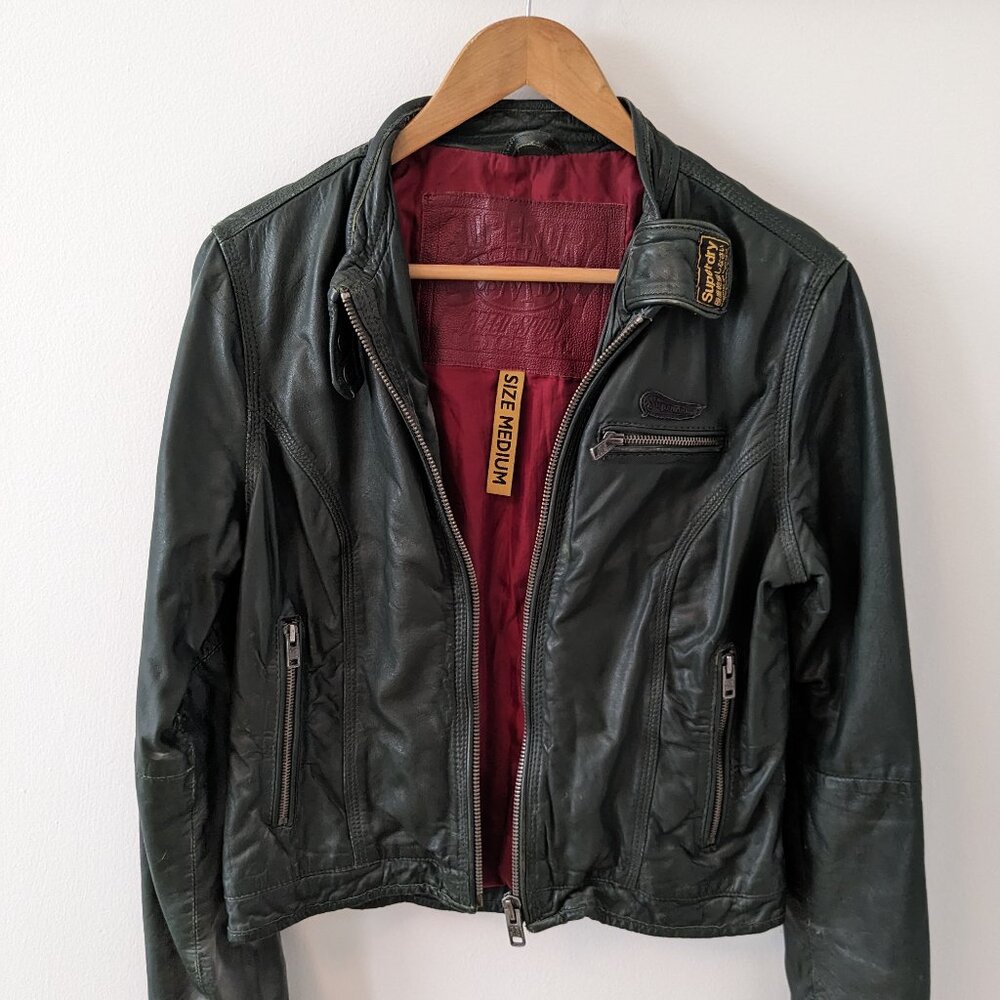 Superdry leather  vintage style biker jacket - green